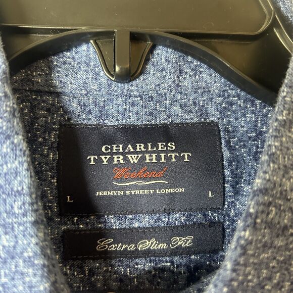Charles Tyrwhitt L Men’s Weekend Button Up Slim Fit Geometric Blue Casual - Picture 4 of 9